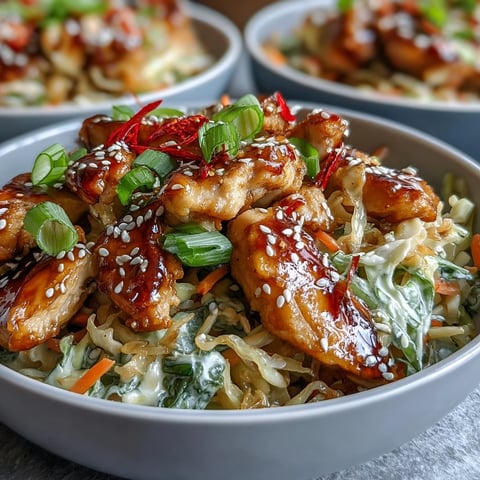 Golden-brown chicken sautéed with onions, garlic, and ginger in a sizzling skillet for Egg Roll Bowls.