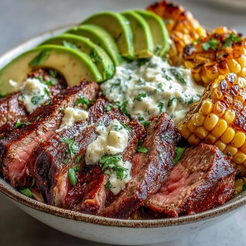 Juicy grilled steak, charred roasted corn, and sliced avocado fill a bowl with cilantro cream sauce in this vibrant Tex-Mex dinner.