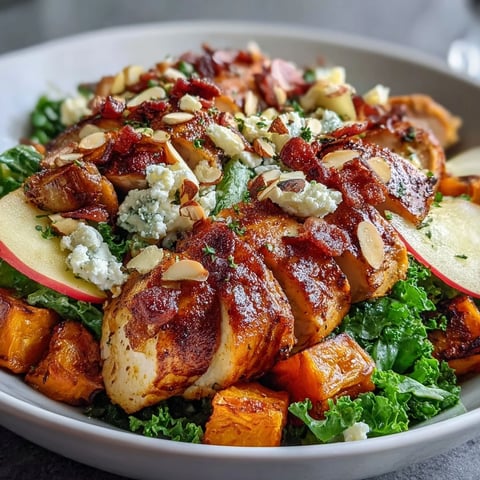 The finished Fall Sweet Potato Harvest Bowl with roasted chicken, kale, and bright apple slices.  