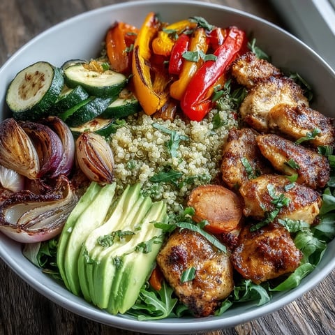 Golden-brown paprika roasted vegetables nestled atop fluffy quinoa, garnished with sliced avocado and fresh parsley in a nourishing bowl.