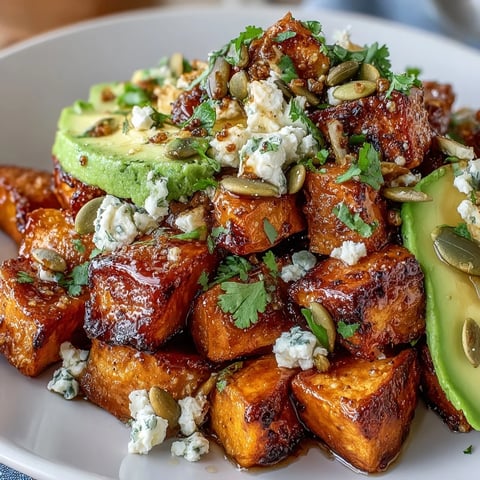 A vibrant bowl of roasted sweet potato cubes with crispy edges, creamy avocado, cottage cheese, and a drizzle of warm hot honey.