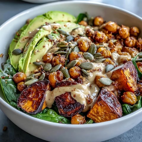 A vibrant bowl of roasted sweet potatoes and crispy chickpeas topped with garlicky spinach and smoky chipotle tahini dressing.