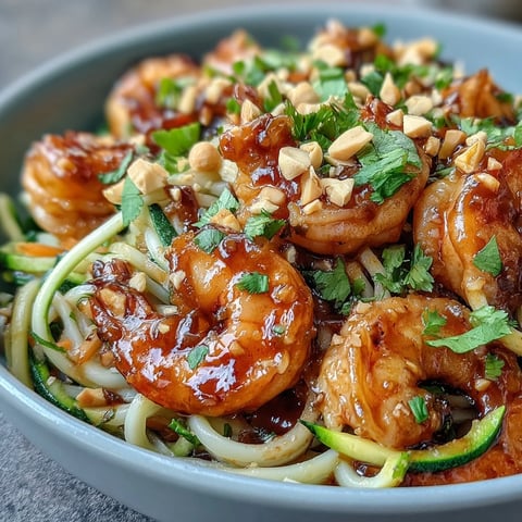 Fresh Asian Noodle Bowl with tender shrimp, crisp zucchini, and carrots tossed in a savory sauce, topped with peanuts and cilantro.