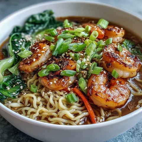 Steaming bowl of Asian Noodle Bowl with Shrimp and Scallops, featuring silky noodles, bok choy, and vibrant carrots in savory broth.  