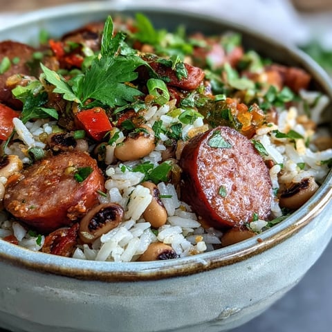 Steaming Black-Eyed Pea Jambalaya with Andouille sausage, bell peppers, and fluffy rice is served in a rustic bowl with fresh parsley.