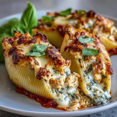 Golden-brown Pesto Chicken Stuffed Shells Lite fresh from the oven, filled with creamy Greek yogurt and pesto.