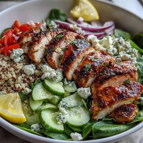 A colorful lemon herb grilled chicken salad with quinoa, cherry tomatoes, and feta for a fresh and healthy meal.