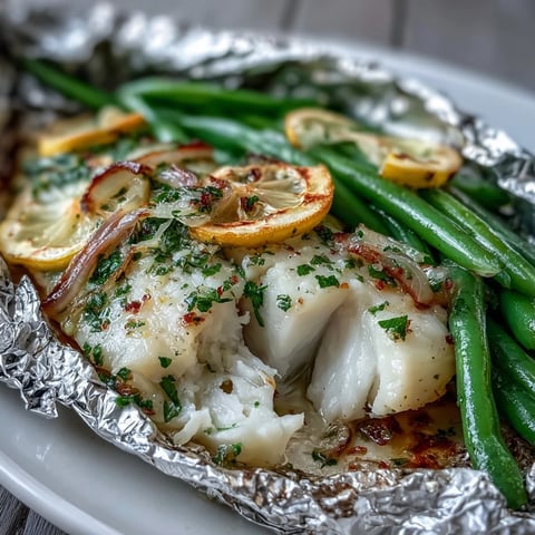 A foil packet of tender tilapia fillets and crisp green beans with zesty lemon garlic marinade, baked until flaky and fragrant.