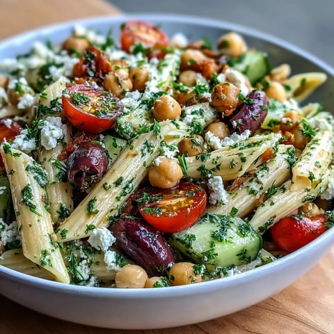 A colorful Mediterranean pasta salad with chickpeas, cucumber, and olives in a bright lemon-herb dressing.  
