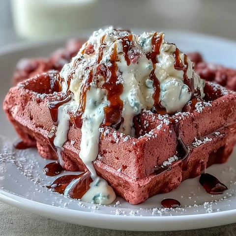 Fluffy pink velvet waffles with a hint of cocoa, drizzled with creamy, tangy cream cheese sauce for a festive breakfast treat.