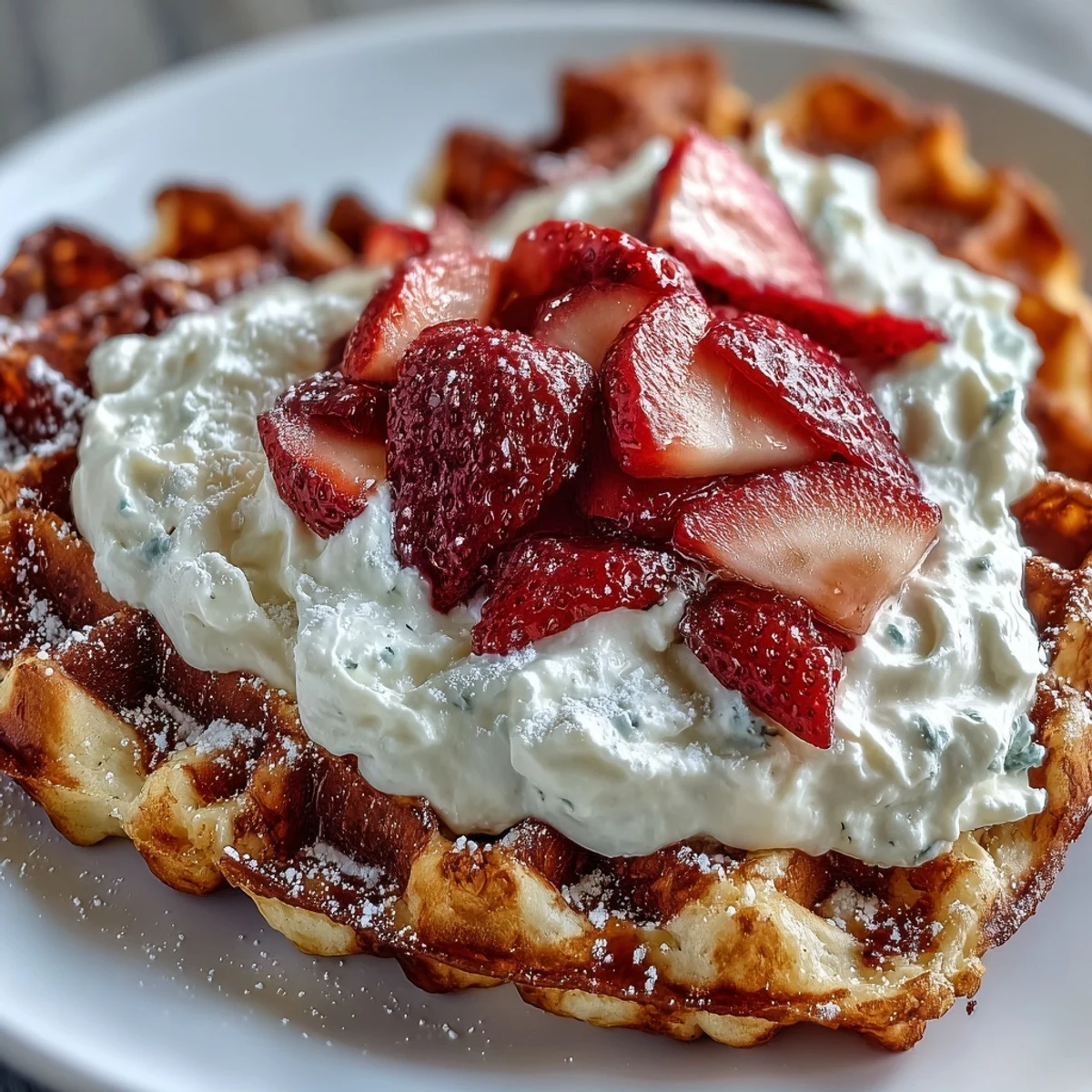 Golden heart-shaped waffles with a creamy cottage cheese whip and fresh strawberries, perfect for a romantic or festive breakfast.