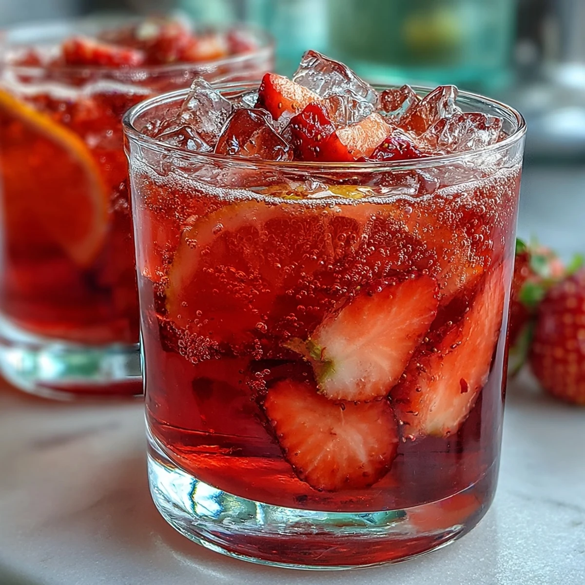 Refreshing strawberry lemonade mocktail with sparkling water, garnished with lemon slices and fresh strawberries, perfect for summer gatherings.