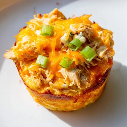 Golden baked muffins bursting with cheesy buffalo chicken, perfect for game-day snacks.  