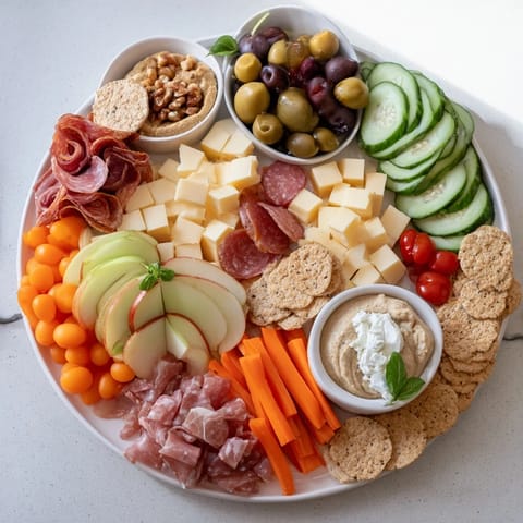 Deliciously arranged Girl Dinner Platter with creamy cheeses, vibrant veggies, and crunchy snacks.  