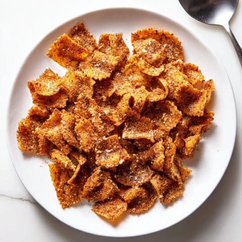 Golden baked pasta chips tossed with garlic and paprika for crunchy snacking.  
