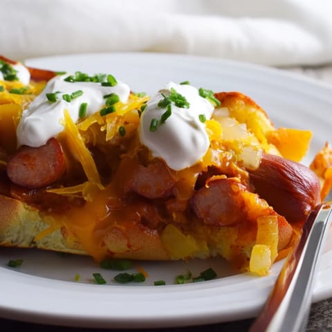 Warm, comforting Chili Dog Casserole served hot with fresh chives and sour cream.  