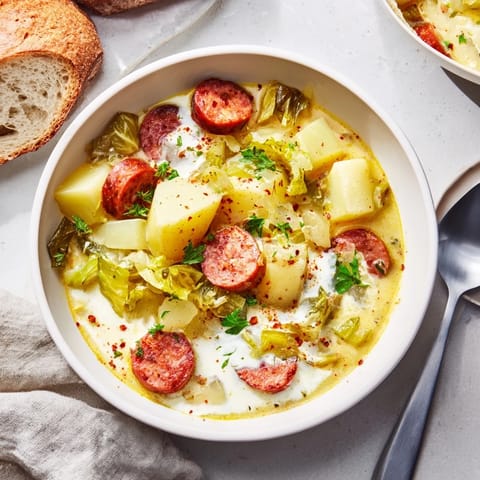 Hearty potato, leek & chorizo soup in a vibrant bowl, perfect for chilly evenings.  