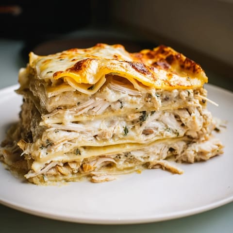 A bubbling 9x13 pan showcases the layers of creamy Rosemary Chicken Lasagna prepared from scratch.