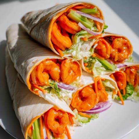 Fiery-red buffalo shrimp wraps, the filling overflowing with crisp lettuce and colorful veggies offer a satisfying bite.