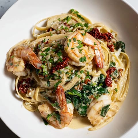 A plate of flavorful Tuscan Garlic Shrimp Pasta, ready to serve with fresh parsley and Parmesan.