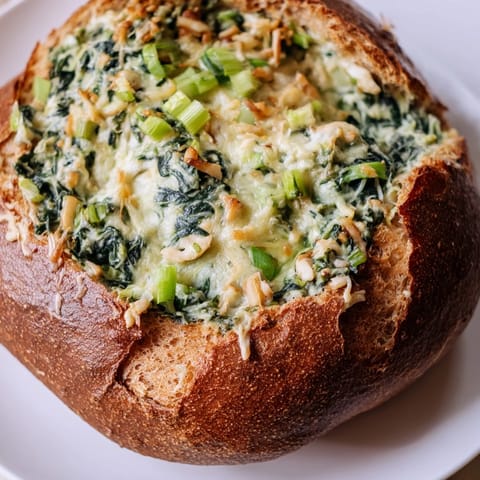 A close-up of a golden Best-Ever Spinach Dip surrounded by fresh veggies and bread.