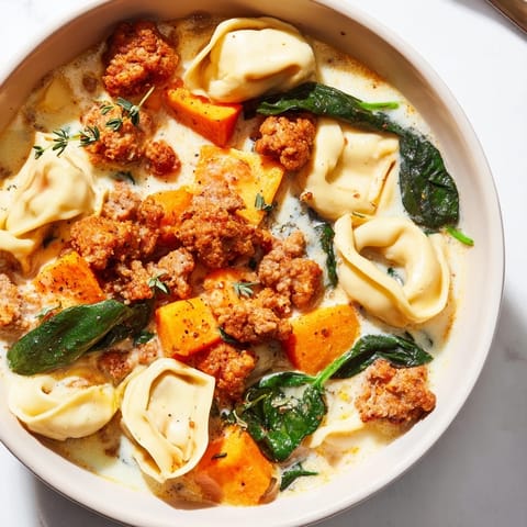 A rich, warm bowl of Creamy Sausage Tortellini Soup, featuring tender tortellini with a creamy broth.