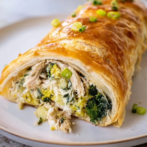 Flaky, warm, creamy chicken and broccoli puff pastry rolls, perfect for a satisfying dinner.