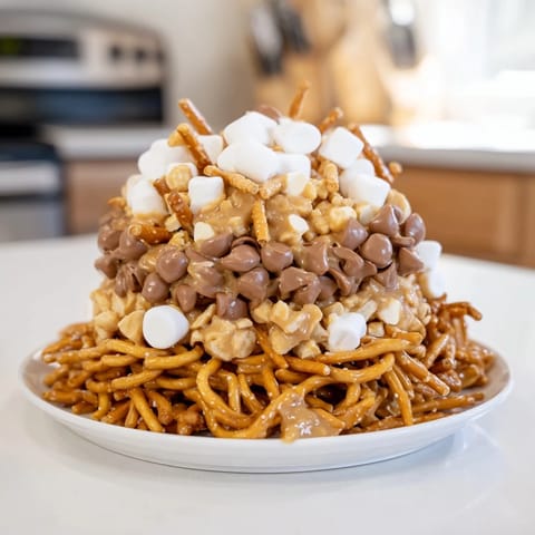 Enjoy the crunch: a close-up of the easy-to-make haystack candy tower dessert.