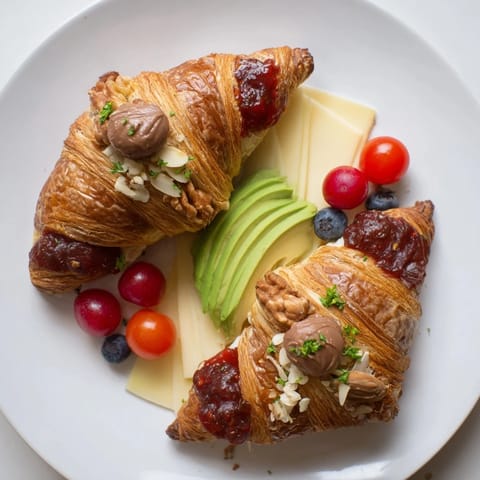 A beautifully arranged Cozy Fireplace Croissant Board with warm croissants, berries, and brie, ready to eat.