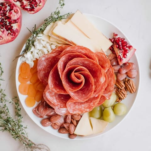 Artfully arranged meat rose bouquet with salami, prosciutto, and capicola creates a stunning charcuterie centerpiece.