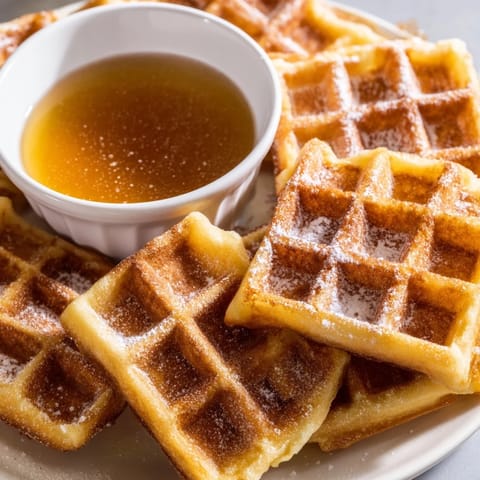 Crispy waffle quarters perfect for dipping in sweet maple syrup for a fun, shareable treat.