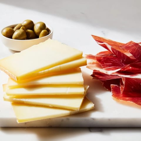 The Minimalism Master cheese board: savory Jamón Ibérico and Castelvetrano olives displayed with Comté.