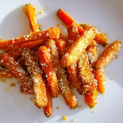 A close-up of Parmesan baby carrot chips, garnished with fresh thyme, served warm as an elegant side dish.