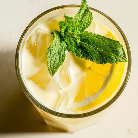 The creamy lemonade drink pours smoothly, its pale yellow color swirling into chilled ice cubes.