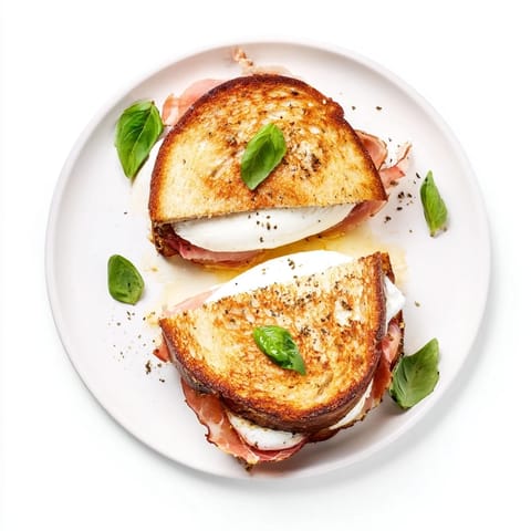 Crunchy prosciutto and creamy burrata layered inside golden grilled cheese sandwiches.  