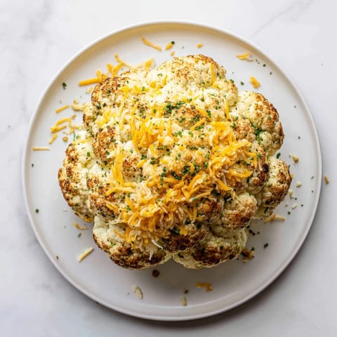 A close-up of Cheesy Stuffed Cauliflower Head, its golden crust glistening over a creamy, cheesy center.