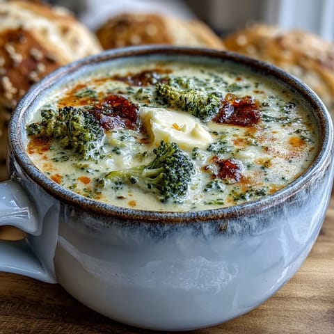 Creamy broccoli cheddar soup served hot in a rustic bowl with crusty bread.
