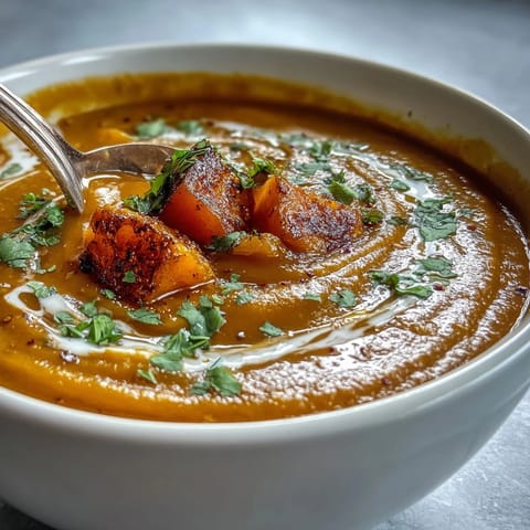 Golden, creamy Butternut Squash and Lentil Soup steaming in a white bowl, garnished with fresh cilantro and a coconut swirl.