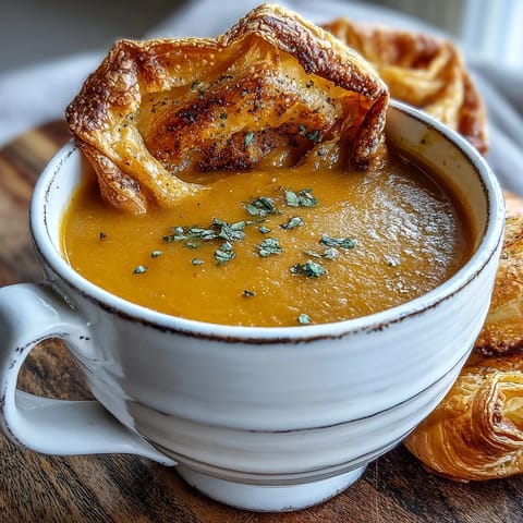 A spoon dips into velvety broccoli and butternut squash soup, served beside a golden puff pastry stuffed with gooey brie and cheddar.