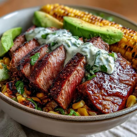 Fresh cilantro cream sauce drizzles over tender steak and avocado in a gluten-free bowl with cherry tomatoes and red onion.