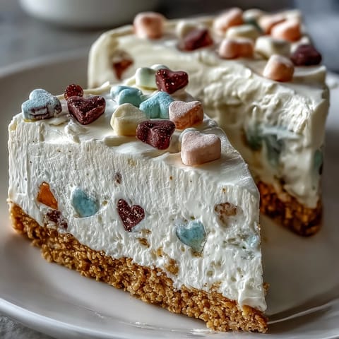 A slice of Candy Hearts Fake Cake reveals fluffy pink frosting, crunchy candy hearts, and rainbow sprinkles on a serving plate.