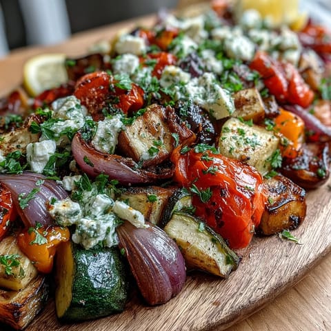 A close-up of vibrant roasted eggplant, zucchini, and bell peppers glistening with olive oil and lemon.