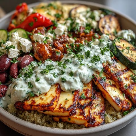 Creamy tzatziki, briny olives, and crumbled feta finish the Healthy Grilled Mediterranean Bowl for a cooling contrast.