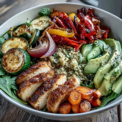 Bright Paprika Roasted Vegetable Quinoa Bowl featuring pan-fried chicken, crisp lemon salad, and creamy avocado on a rustic wooden table.