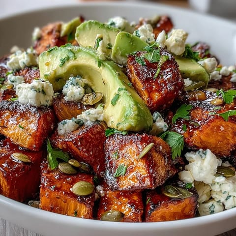 Hot Honey Sweet Potato Bowl garnished with fresh cilantro and toasted pumpkin seeds, showcasing a nourishing, gluten-free vegetarian meal.