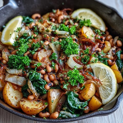 Sizzling Black-Eyed Pea Skillet Dinner with golden potatoes and wilted spinach in a cast iron pan.