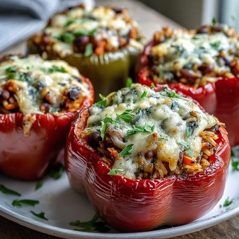 Four golden baked bell peppers filled with black-eyed peas, rice, and aromatic vegetables, garnished with fresh parsley.