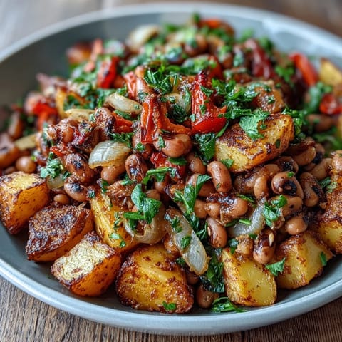 Hearty Southern Black-Eyed Pea Hash with crispy potatoes and onions, ready to serve alongside sunny-side-up eggs. 
