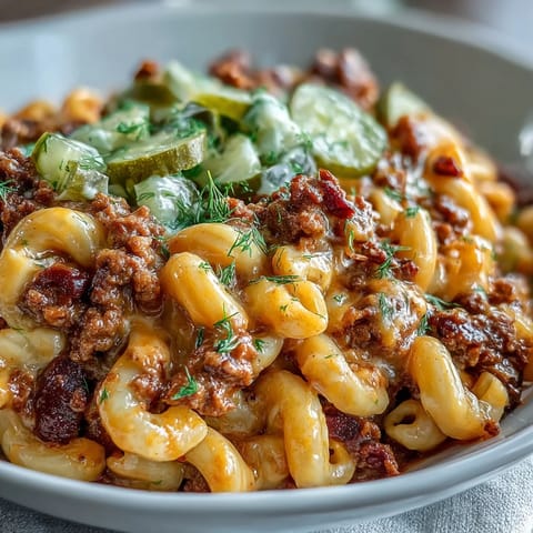 Golden melted cheddar and chopped dill pickles cover a hearty skillet of One-Pan Cheeseburger Chili Mac, served with a side of fries.