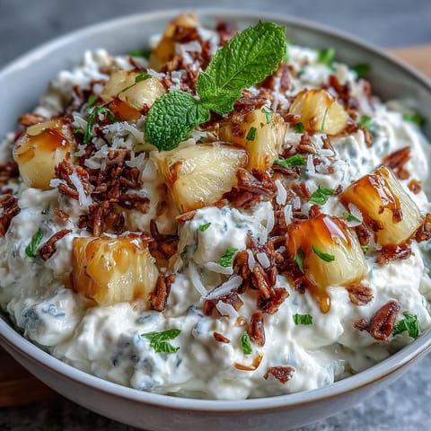1. A vibrant cottage cheese breakfast bowl topped with fresh pineapple chunks, crunchy granola, and a sprinkle of chia seeds for a protein-packed morning treat.  